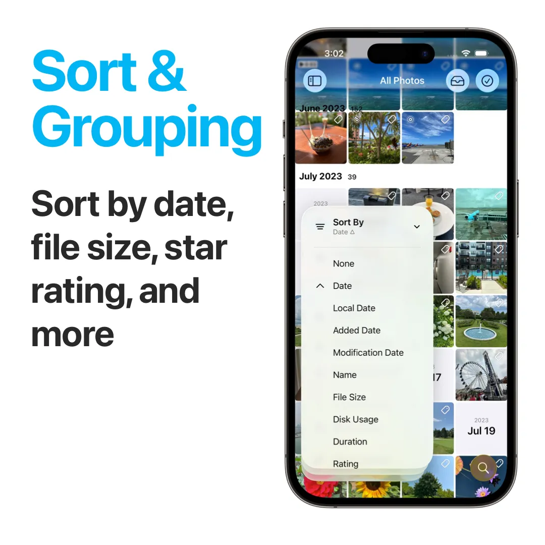 Sort & Grouping - Sort by date, file size, disk usage, file name, title, duration, or rating
