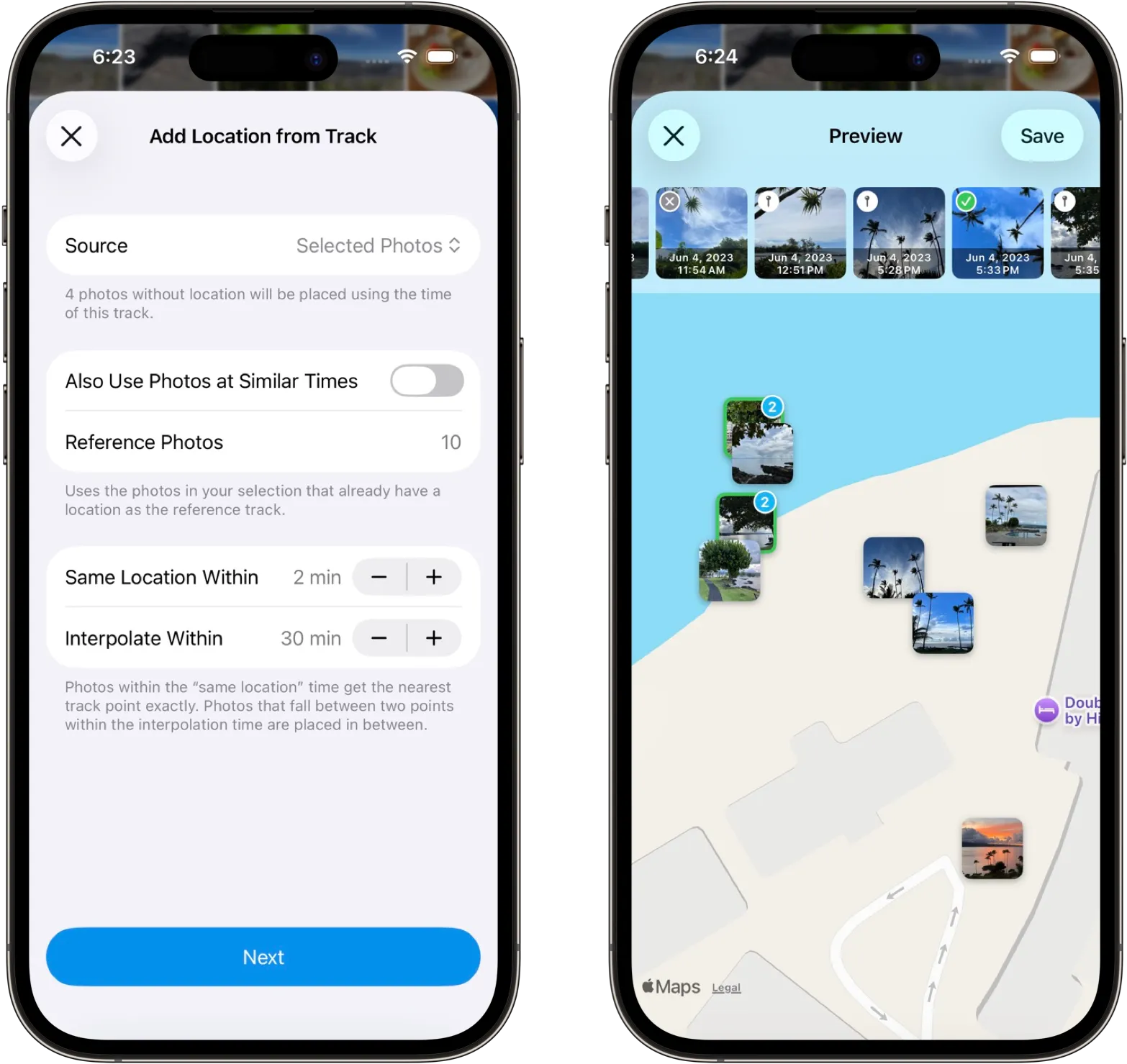 Add location from selected photos preview
