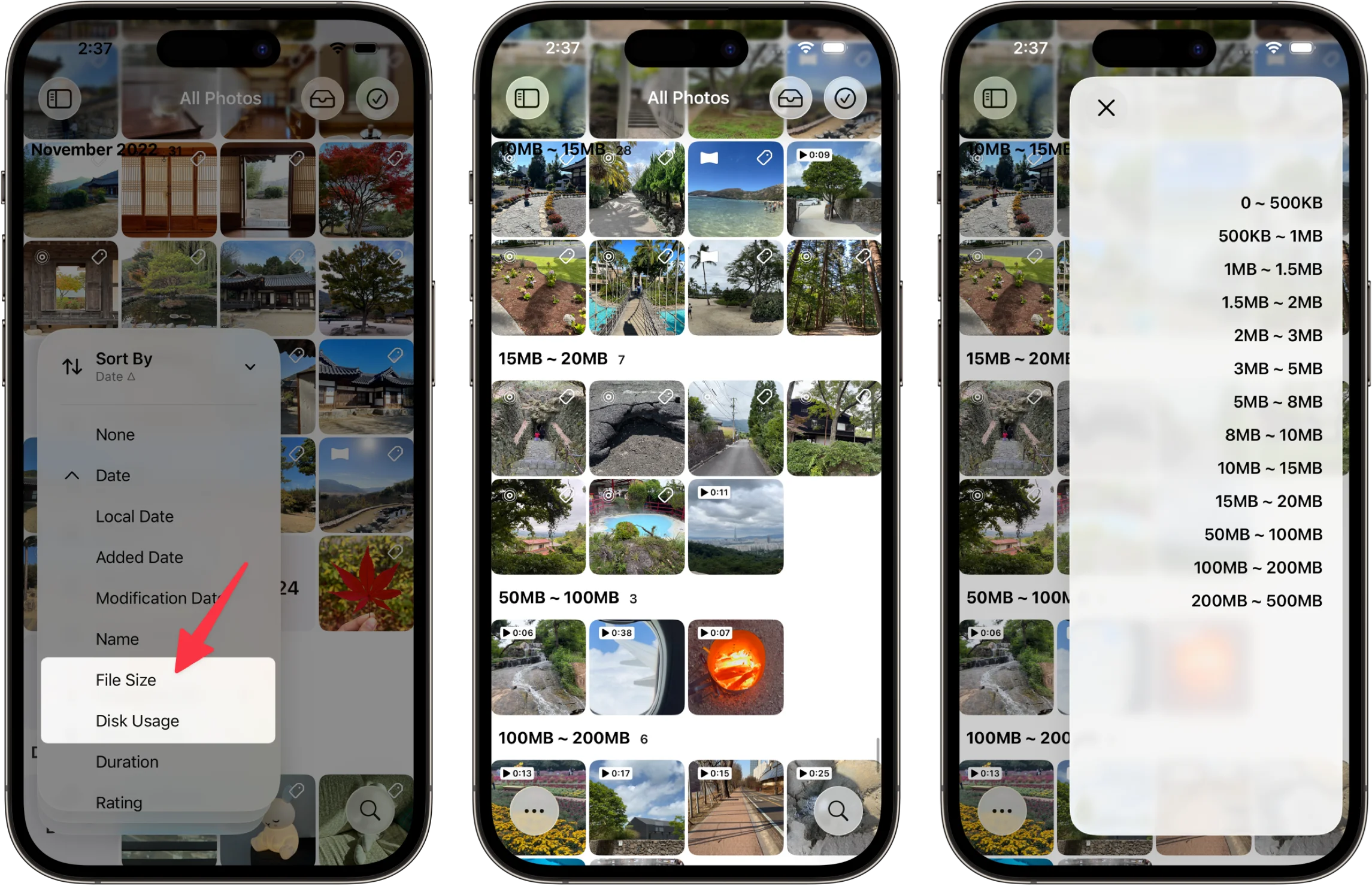 파일 크기로 정렬된 사진